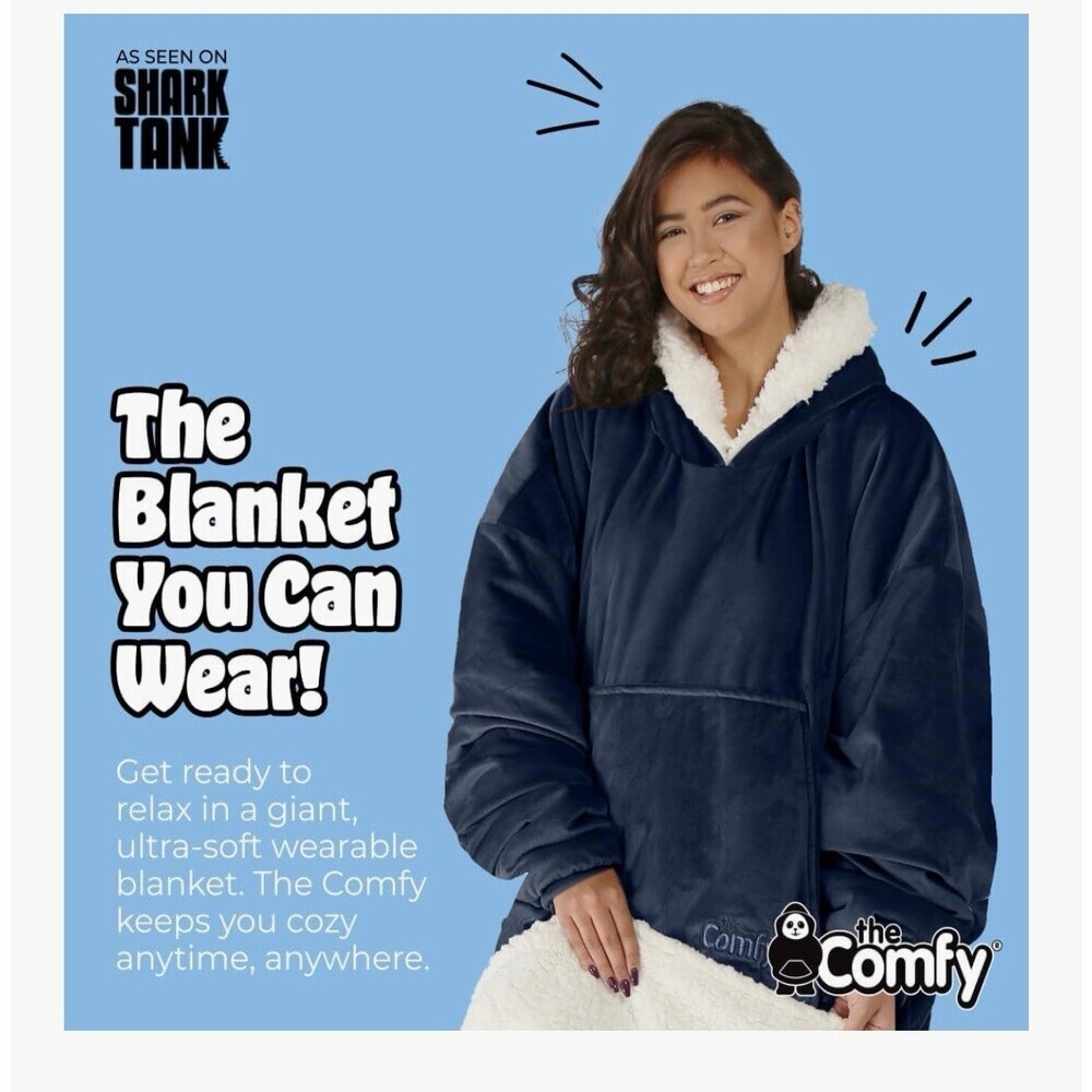 NEW The Comfy Original Navy Unisex One Size Sherpa Lined Wearable Blanket Hoodie